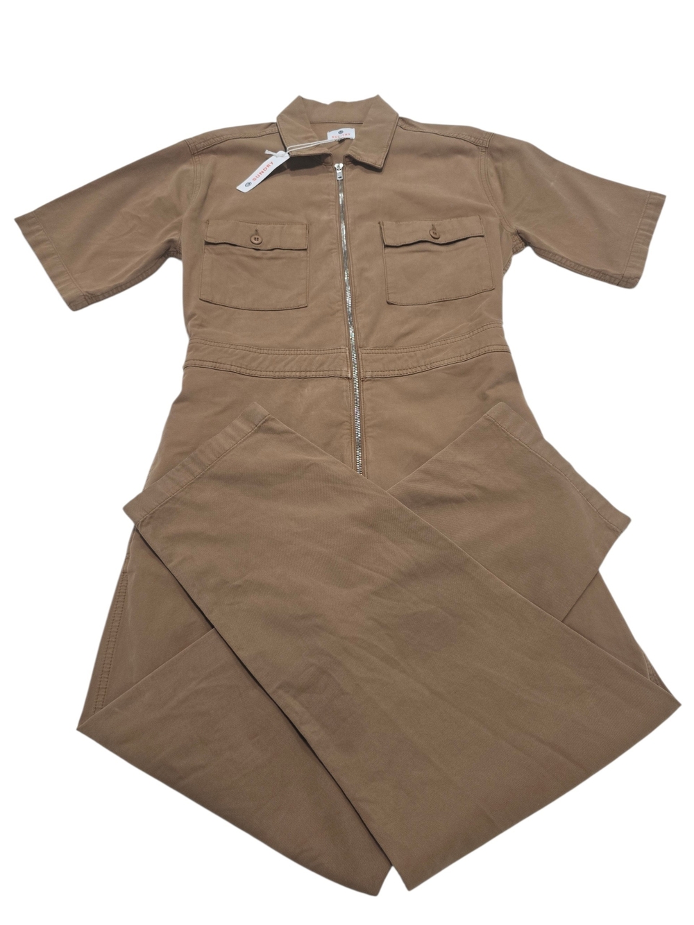 DSTLD/Sundry Women's Utility Jumpsuit Coverwalls Zip-Front Short Sleeve/Tan/Sz S